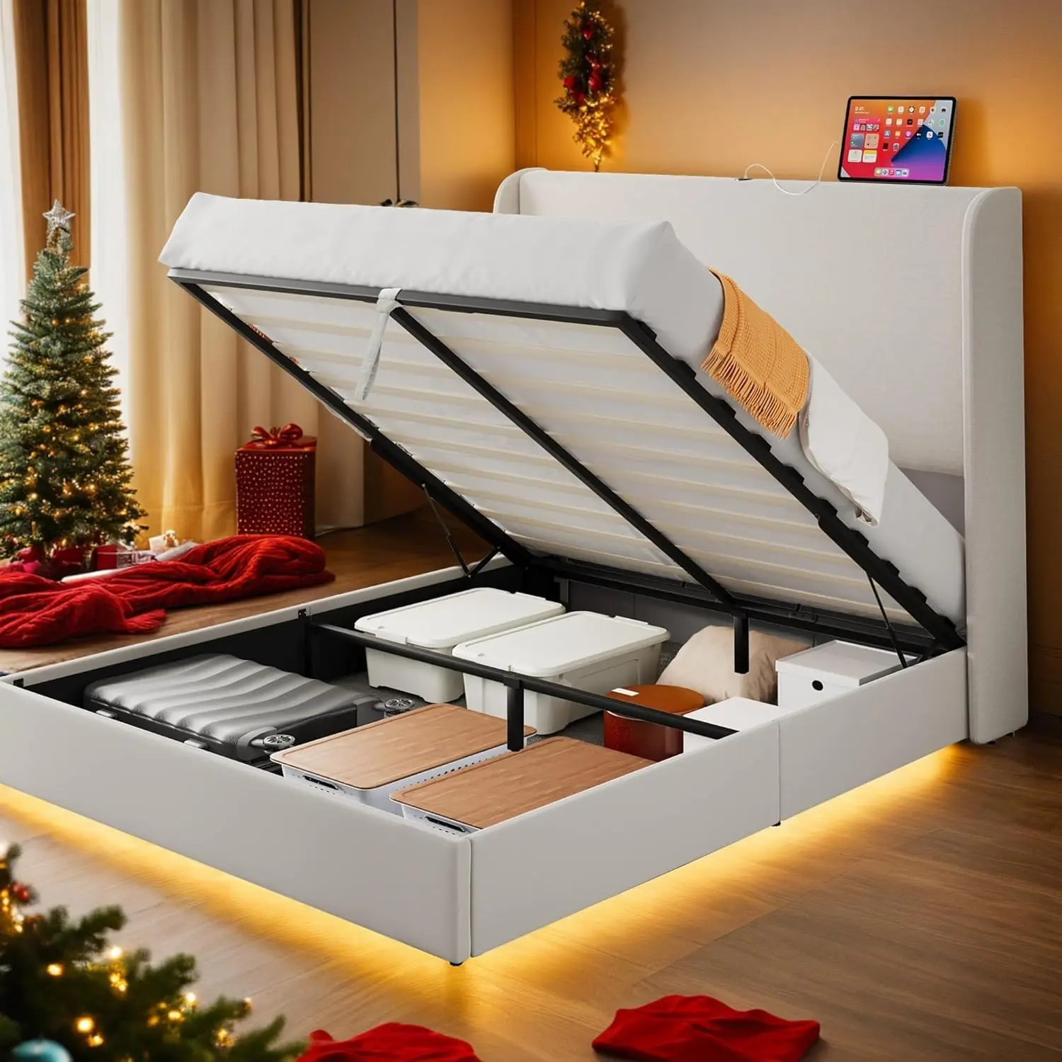 

YITAHOME Каркас кровати King Size с подъемным хранилищем, портом Type-C и USB, современный каркас кровати на платформе с обивкой из льна и высотой 50,4 дюйма