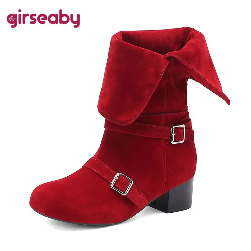 

Girseaby Women's Mid-Calf Footwear Double-Wear Design Round Toe Flock Suede Thick Heels 4cm Slip-On Belt Buckles Oversize 49-50