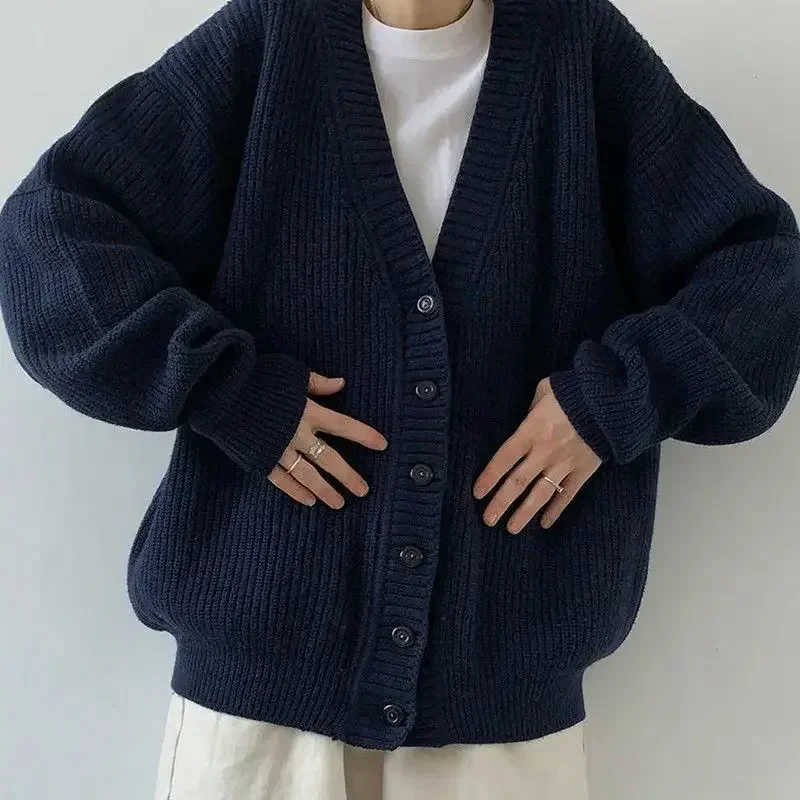 

New American retro dark blue v neck knitted cardigan trendy style solid color versatile thickened sweater jacket casual y2k top