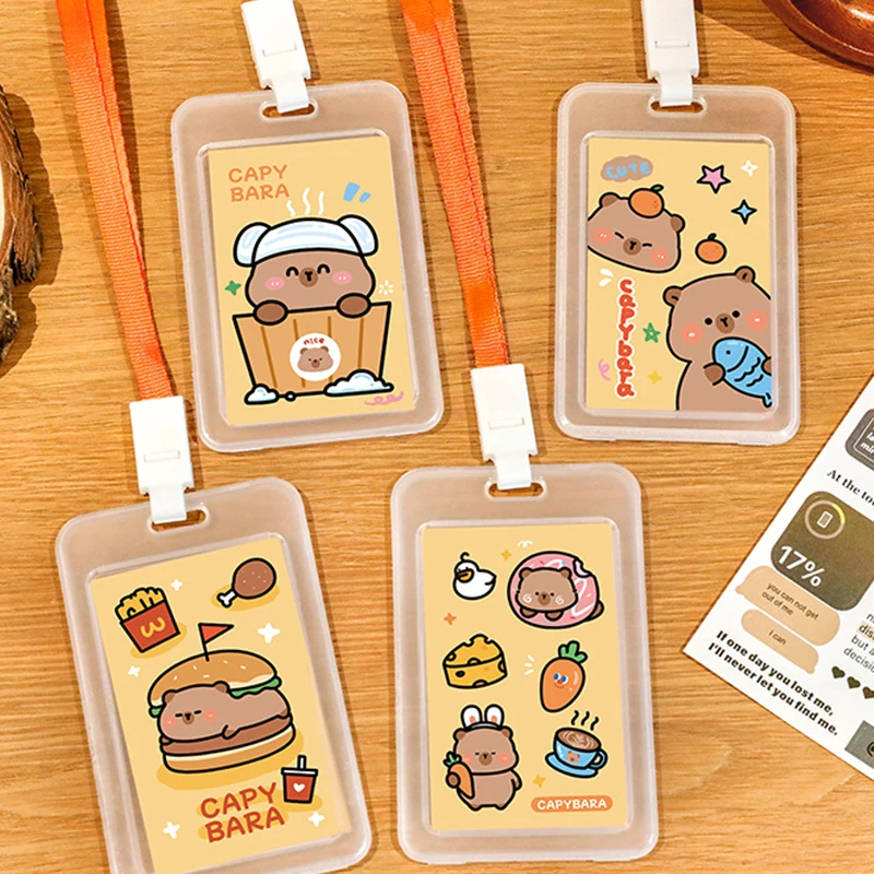 1 pieza de tarjetero Capibala, funda protectora transparente para tarjetas de campus para estudiantes, capibara de dibujos animados con cuerda colgante, portatarjetas