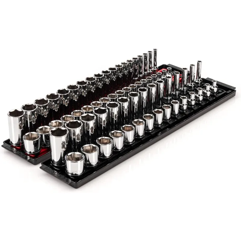 

TEKTON 3/8 Inch Drive 6-Point Socket Set with Rails, 68-Piece (1/4-1 in., 6-24 mm) | SHD91220