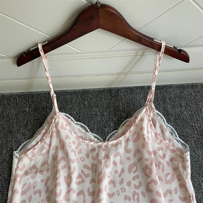 Sexy Leopard Suspender Pajamas Set Summer Women Silk Satin Sleepwear Intimate Lingerie Sweet Lace Trim Elastic Waist Home Wear