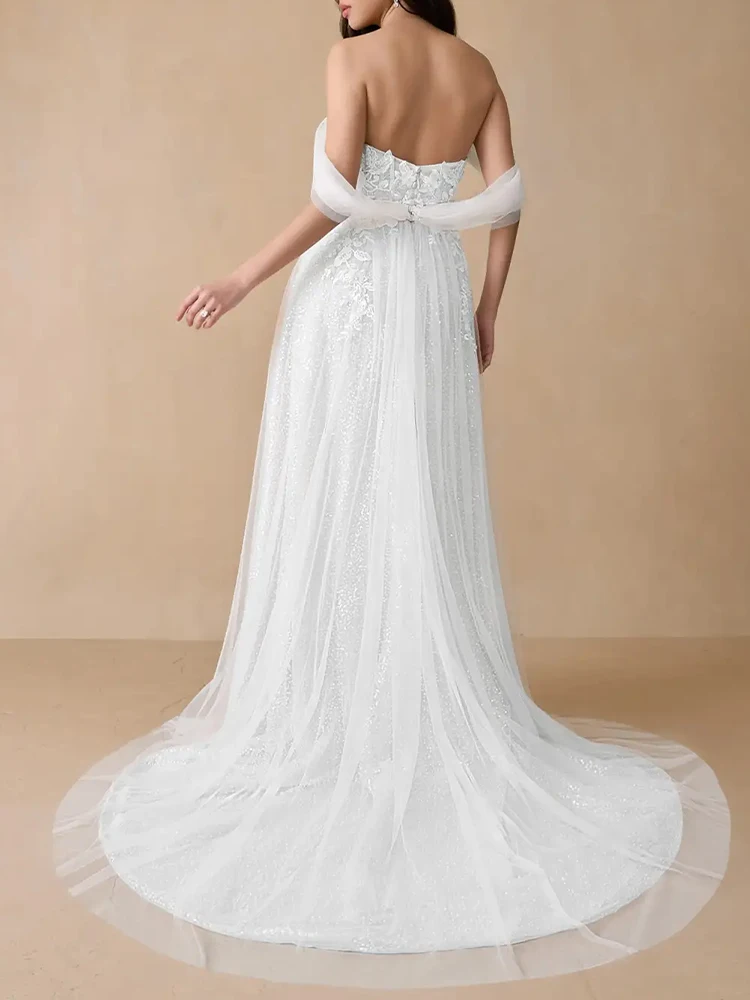 Robe de mariée trapèze en Tulle et dentelle perlée pour femmes, robe de plage, fente romantique, robe de soirée formelle, Banquet