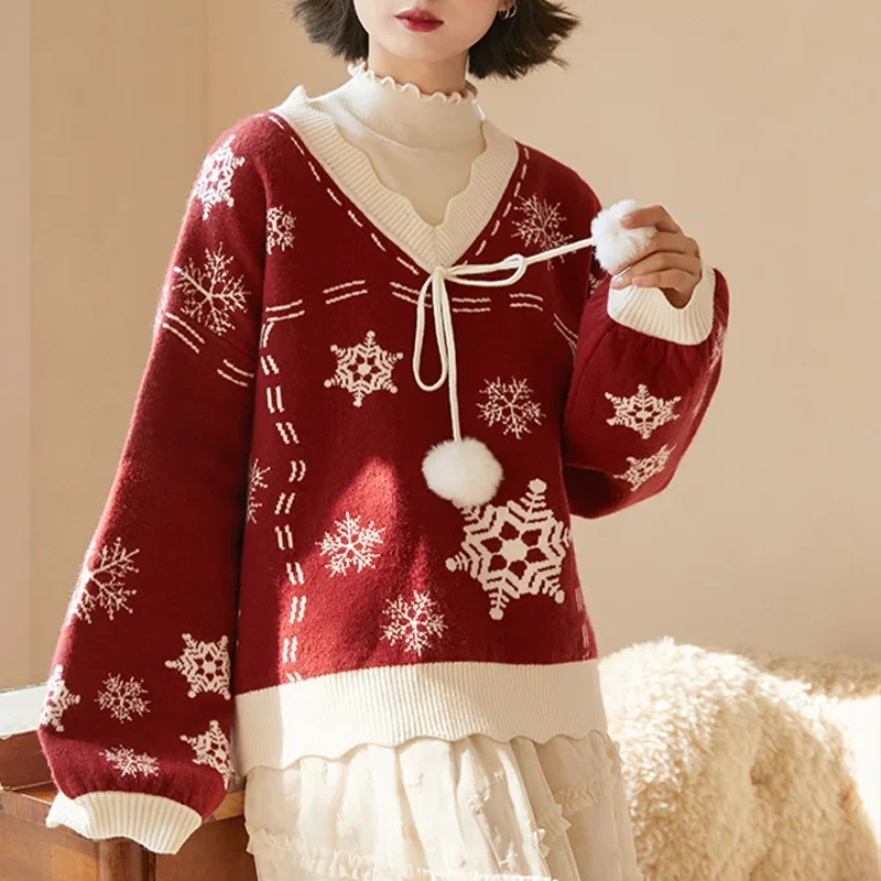 Christmas Costume Women's Red Sweater Autumn Winter Snowflake V-neck Knit Thick Loose Sweet Long Sleeved Pullover Top for Women