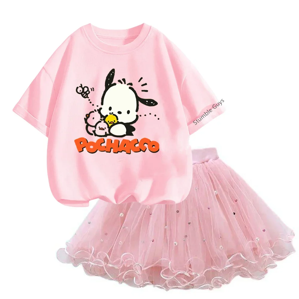 Anime Cinnamoroll T-shirt Tutu Mesh Skirt Fashion Girls Barbies Dress 2pcs Outfits Pretty Little 3-14y Kids Tshirt Set