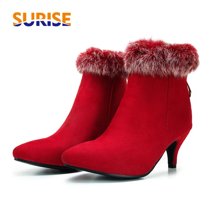 Winter Fur Ankle Boots Women High Spike Heels Red Black Flock Warm Plush Casual Office Party Lady Pointed Toe Zipper Short Boots