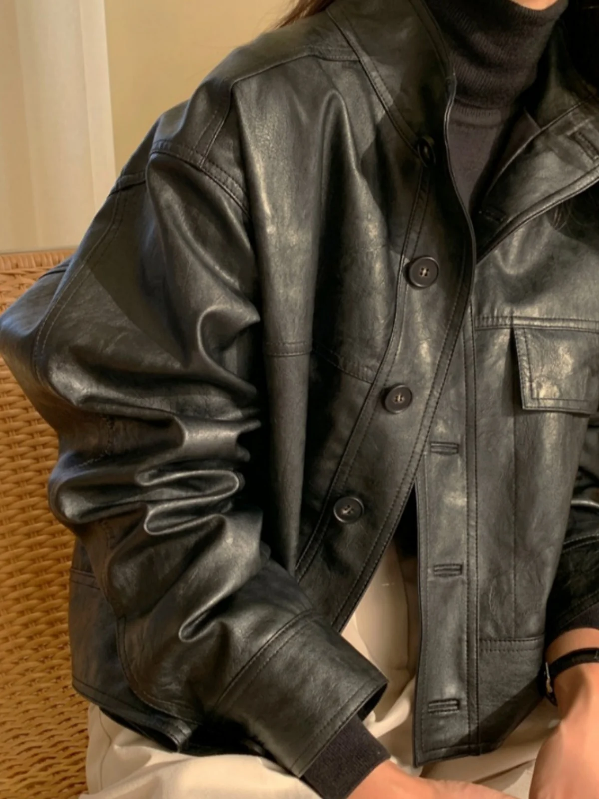 ファイオナブル モーターサイクル スレ レザー ジャケット レディース 秋冬 韓国風 トレンド ヘビーステッチ ハイカラートップ