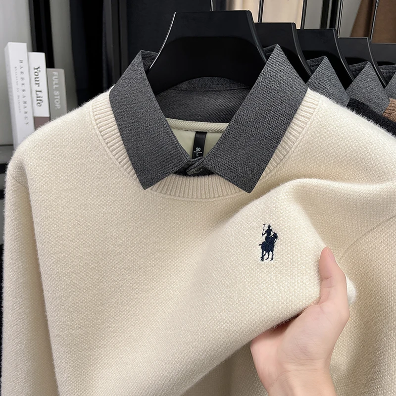 High quality velvet shirt collar sweater men's trendy luxury brand classic Paul embroidery casual top winter warm knit pullover