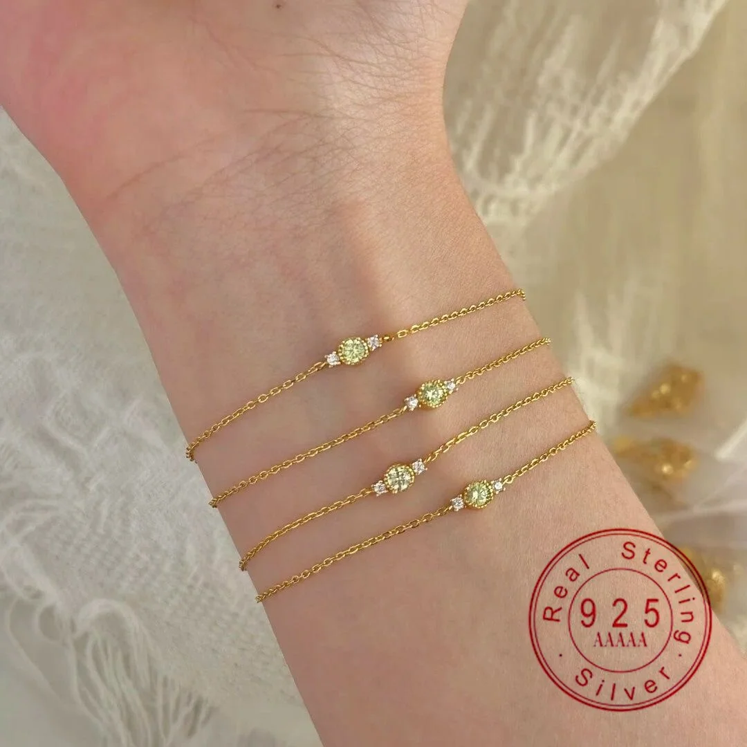 925 Sterling Silver Plating14K Gold Olive Green Zircon Bracelet for Women Minimalist Thin Chain Delicate Stackable Hand Jewelry