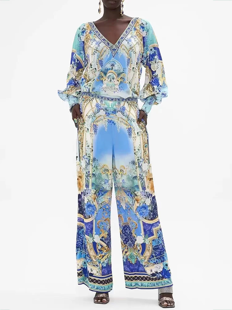 

Hot drill V-neck retro geometric print pullover shirt two-piece 2025 Spring women's wear + wide-leg pants fashion suit