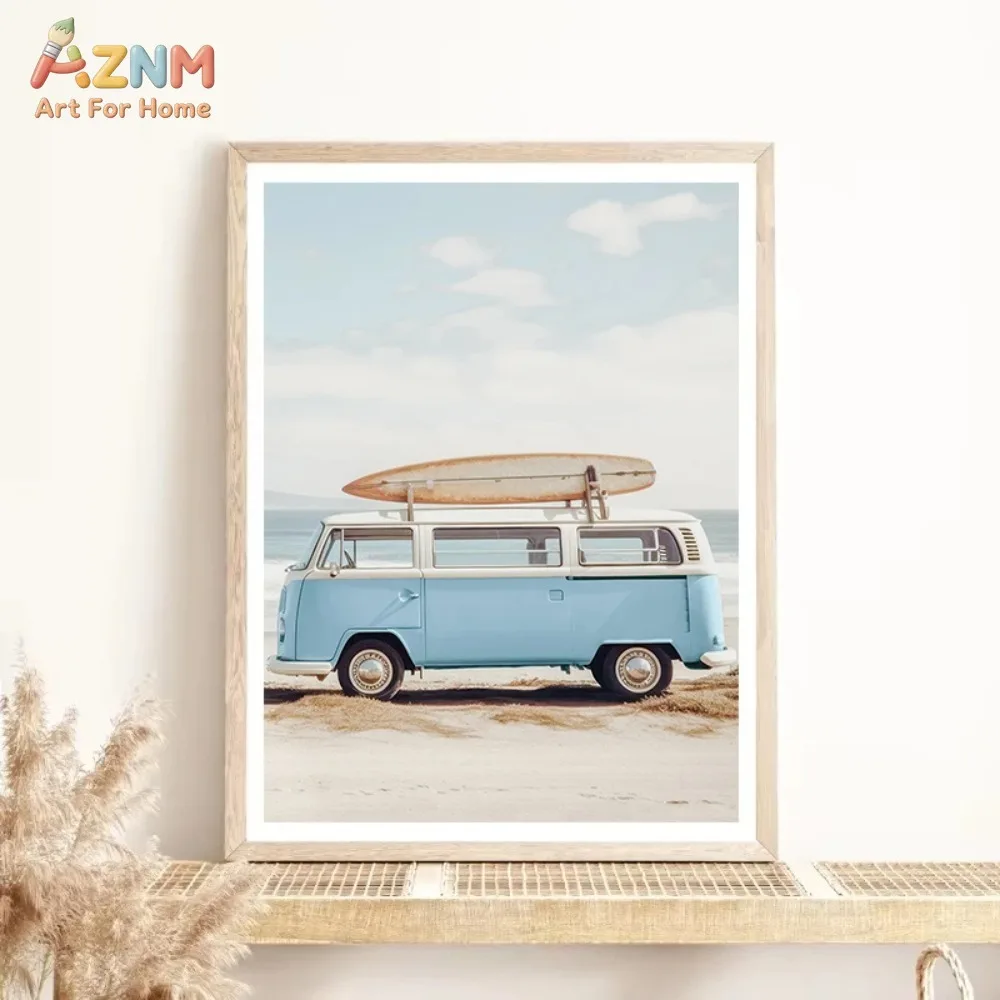 AZNM Soft Blue Coastal Canvas Print Beach Van Surf Hut Seagull Pier Dried Grass Neutral Ocean Scenery Minimalist Summer Wall Dec