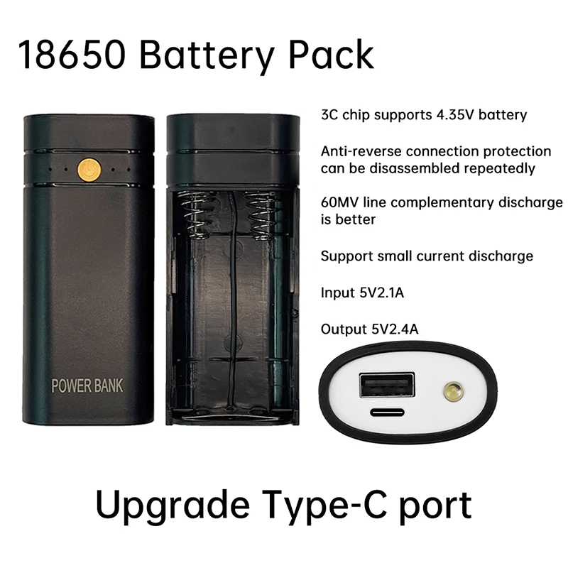 2X 18650 Type-C USB Power Bank Battery Charger Case DIY Battery Box for Phone Electronic Charging Not Including Batteries 5V 2A