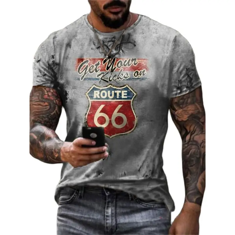 كاليفورنيا موضة خمر ثلاثية الأبعاد طباعة الرجال تي شيرت الصيف الولايات المتحدة الطريق 66 رسائل الملابس س طوق عادية الشارع المتضخم تي شيرت