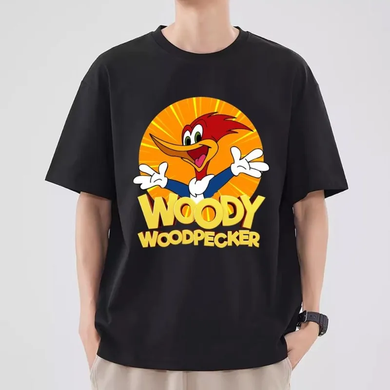 The W-Woody W-Woodpecker Cartoon T Shirt Men Couple Combination Clothes Short Sleeve Collar Fashion T-shirt Women Cotton