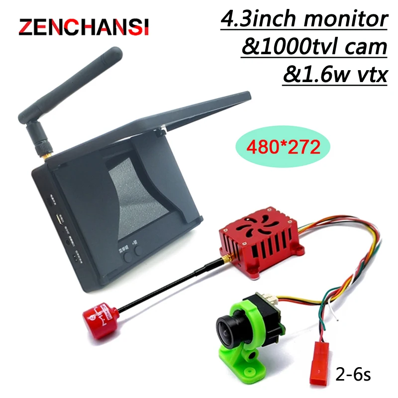 RXCRC 5.8G 48CH 1.6w VTX Long Range Transmitter+CMOS 1000TVL FPV Camera+4.3 Inch Monitor Built-in Battery With a Light Shield