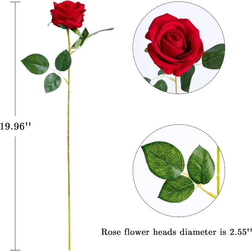 Artificial Roses Velvet Flowers with Long Stem Fake Roses Bouquet DIY for Home Wedding Decor 50 PCS