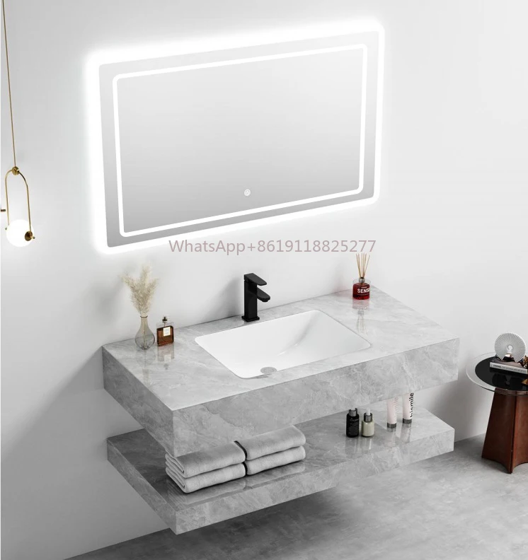 Kast Wascombinatie 80Cm Luxe Intelligente Spiegelkast Eenvoudig Modern Licht Luxe Dubbellaagse Rotsplaat Badkamer