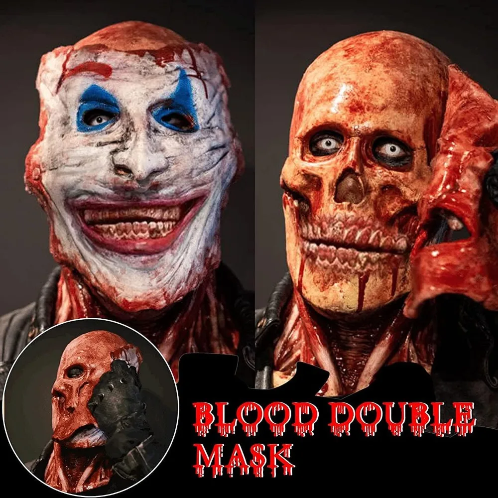 Halloween Mask, Scary Halloween Mask, Joker Double Layer Ripped Mask, Halloween Full Head Skull Mask with Moving Jaw Jaw