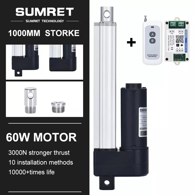 1000mm Stroke Electric Linear Actuator RF Remote Control Motor 3000N Controller Load DC 12V 24V Automatic Window Opener 66MM/S