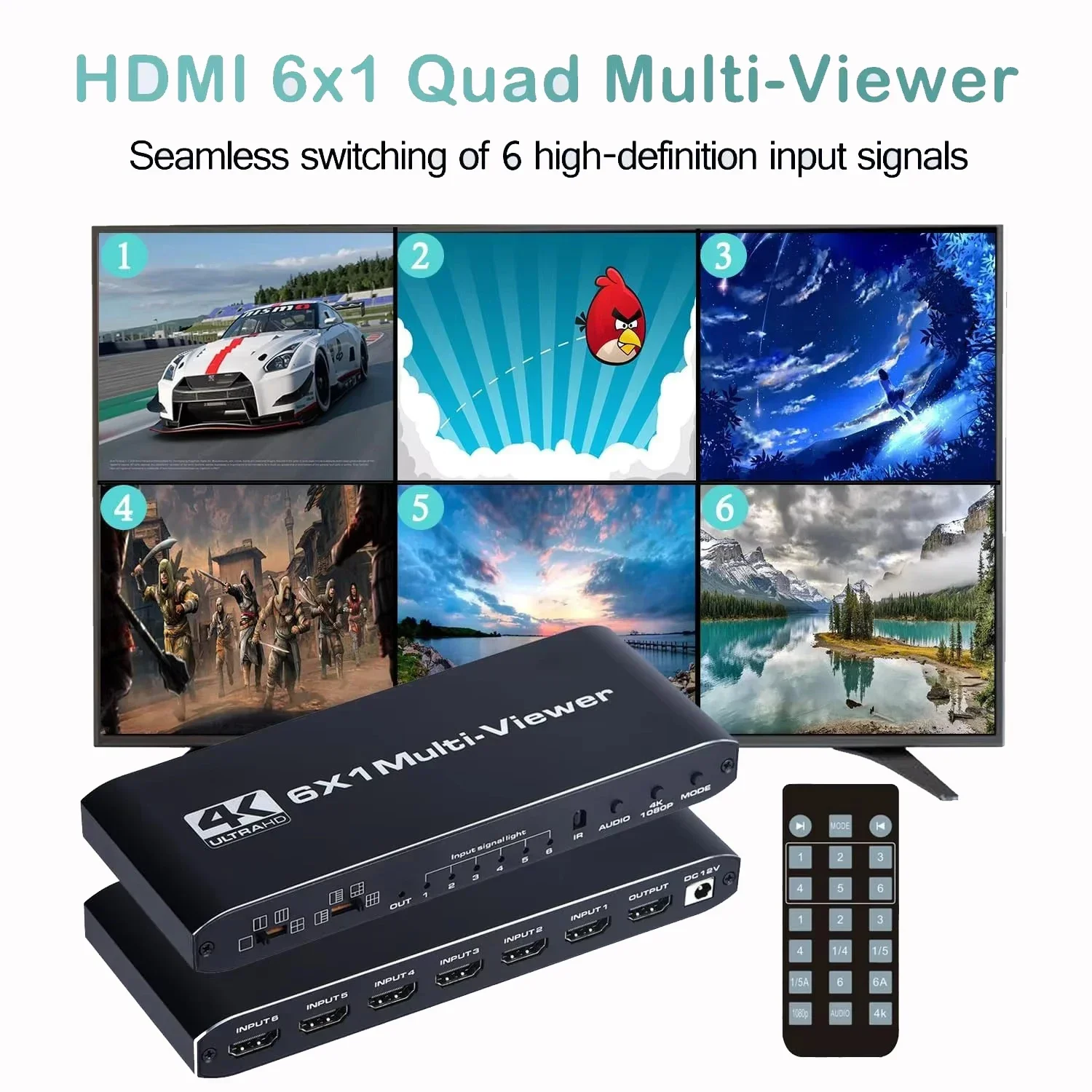 

HDMI Multi-viewer 6x1 4K Video Egmentation Multi Viewer Seamless Switcher 6 in 1 out Image Divider 1080P with 9 Viewing Modes