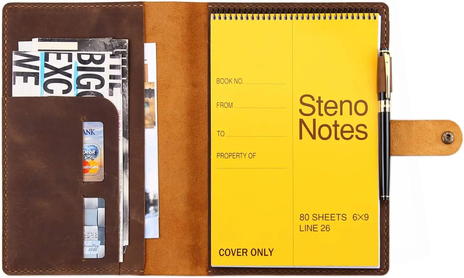 Leather Folio Cover for 6x9 Steno Notebook, A5 Organizer with Pen Loop, Brown