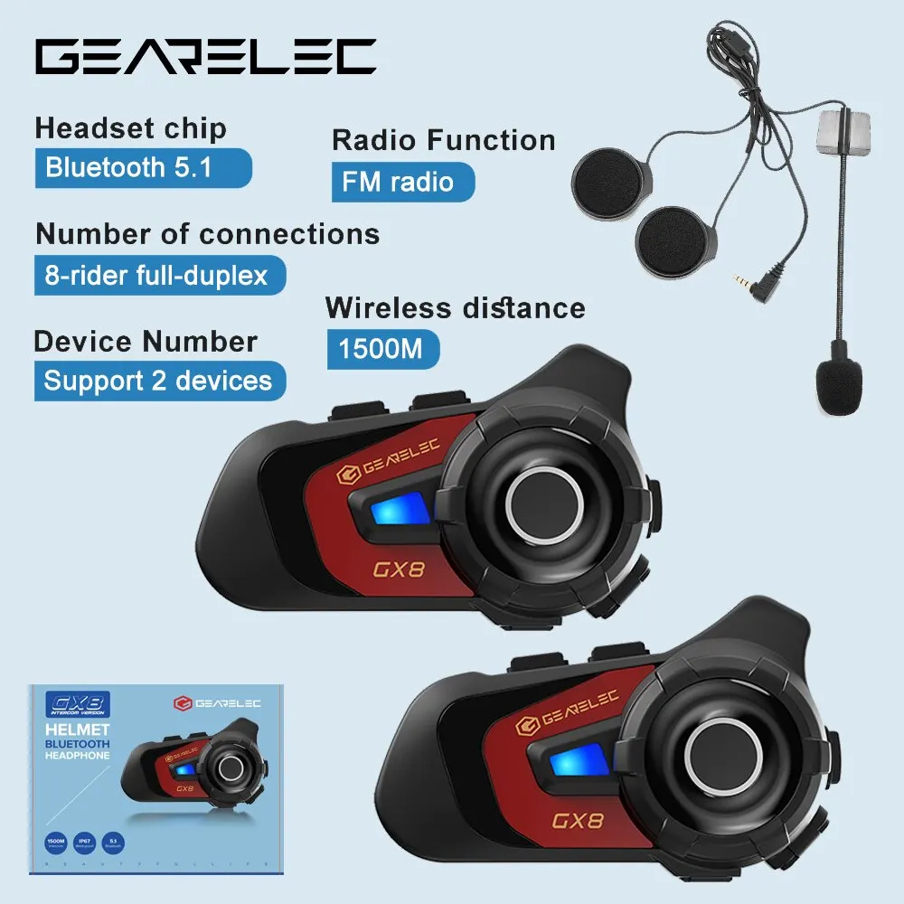 Gearelec-オートバイ用のBluetoothインターホン,グループの通信デバイス,スピーカーフォン,音楽の共有,8人のモーターサイクリストのグループ用のヘッドセット,1500m,gx8