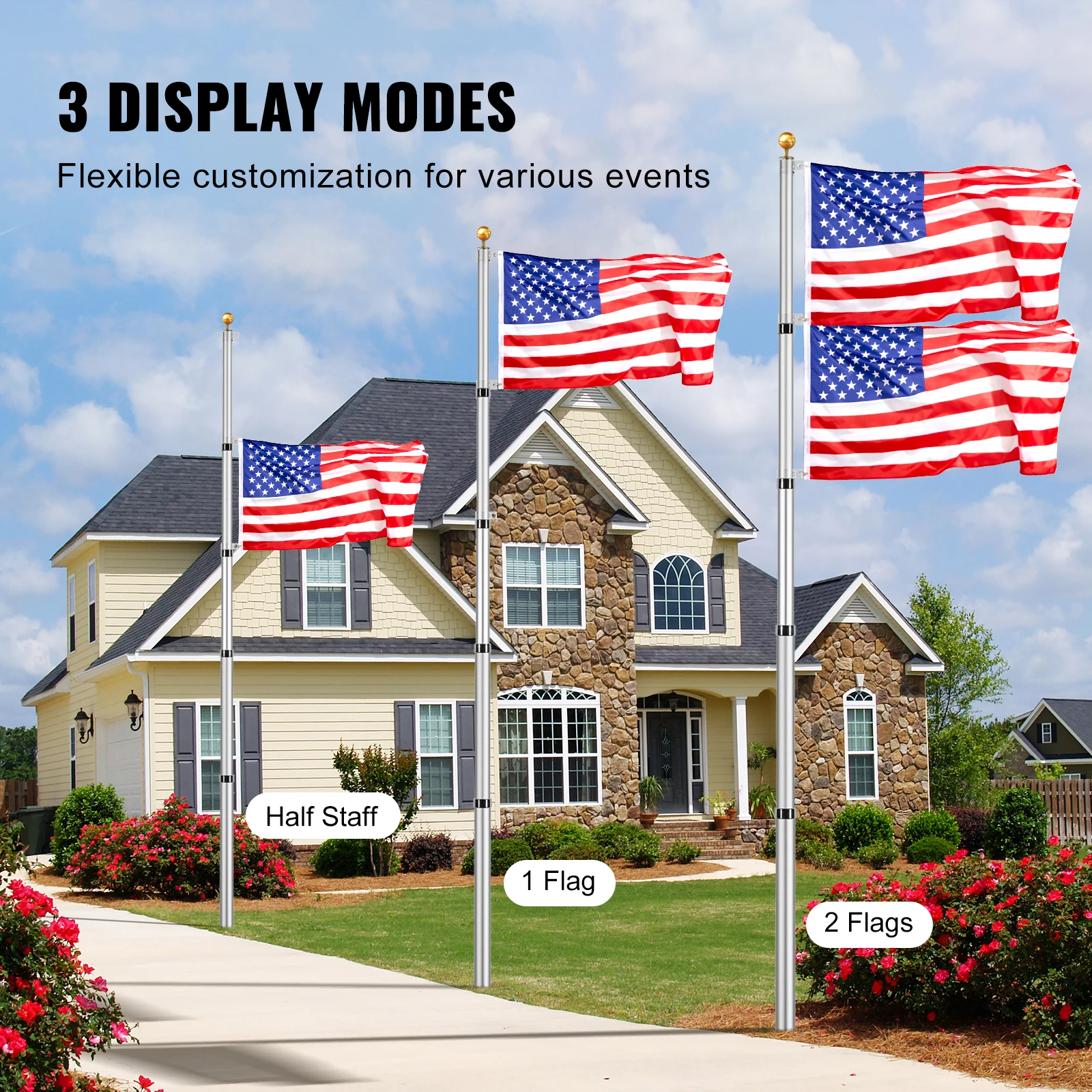 20FT Silver Telescoping Flag pole Kit, Heavy Duty Aluminum Alloy in Ground Flag Poles for Outside, 3 Display Modes Flagpole with 3x5 American Flag view 4