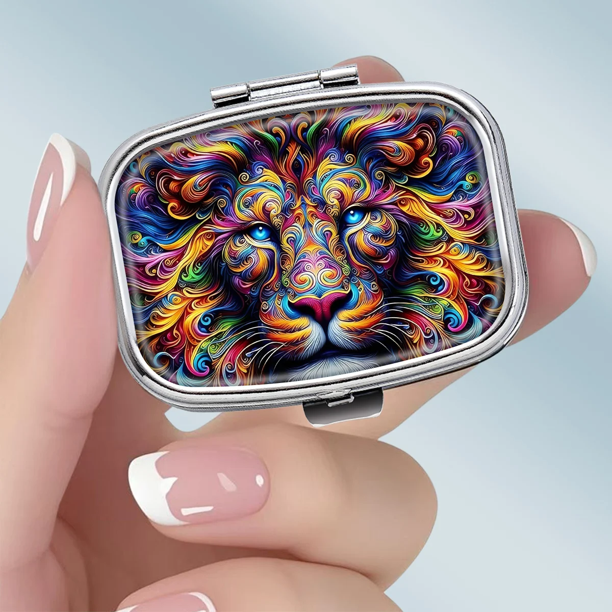 1PC Colorful Textured Lion-Themed Metal Pill Box - Square 2-Compartment Portable Medicine Storage Box, Food-Grade Vitamin Organizer, Perfect for Travel or as a Handheld Decorative Gift, Lightweight Design, Specially Designed for Daily Medication Use