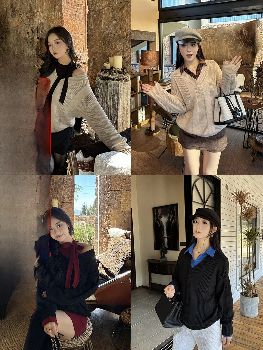 

Loose Fit Large V-Ne Sweater Retro Sle Fat Feeling over Sized Hoodie Women's Polyester Acrylic Nylon Wool Blend Long Sl...