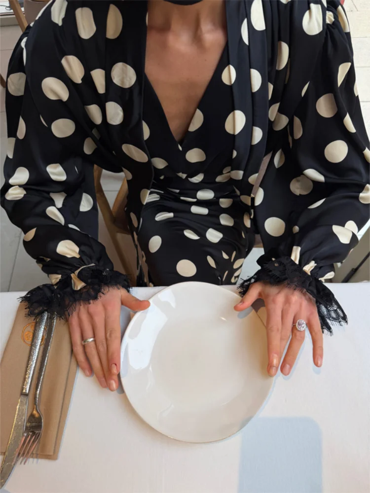 

Women Fashion Polka Dot V-neck Shirt Skirt 2 Piece Sets Classic Long Sleeves Slim Fit Dress 2026 Lady Daily Commute Street Wears