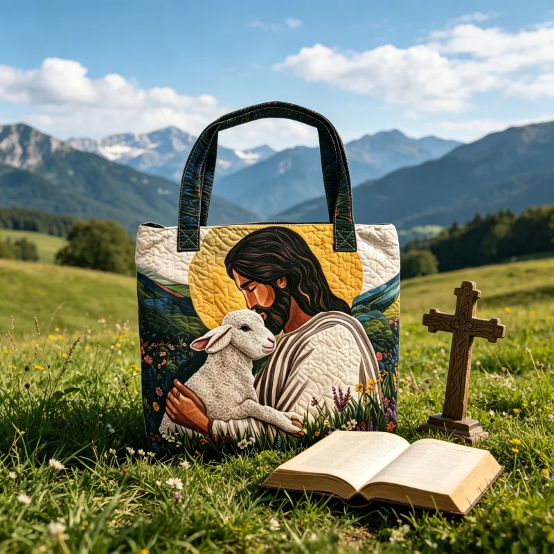 

2Pcs Religious Jesus Lamb Print Tote Bag, Quilted Shoulder Handbag with Free Cosmetic Pouch, Christian Gift for Women