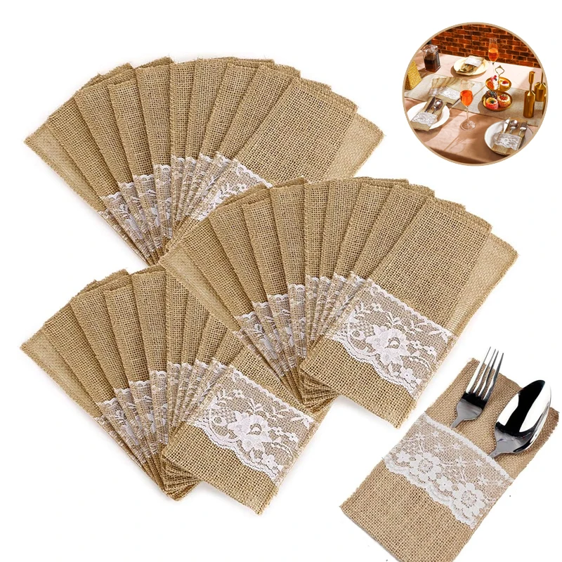 

10pcs Natural Jute Burlap Cutlery Holders Packaging Fork and Knife for Wedding , Party Decoration