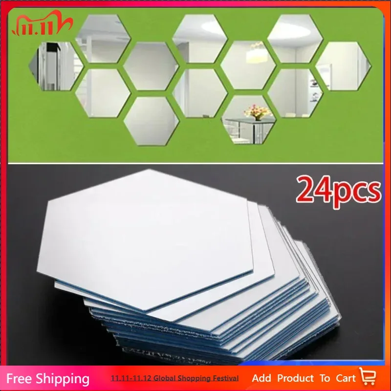 24Pcs Mirror Sticker Acrylic Wall Stickers Hex Self-Adhesive Mosaic Tiles DIY Bathroom Home Decor 3D Bedroom DIY Decal
