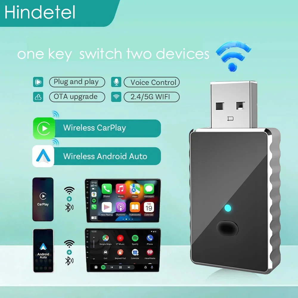 

Hindetel mini auto carplay wireless adapter android IOS auto dual switch Plug&Play USB and typeC adaptador bluetooth wifi
