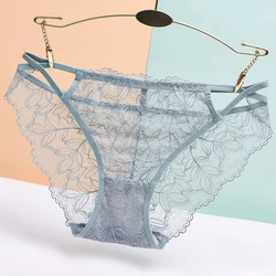 Bragas transparentes de encaje para mujer, ropa interior Sexy Floral, malla transparente, transpirable, Bikini de tiro bajo, lencería