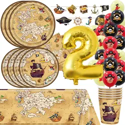 Pirate Birthday Party Decoration Balloons Disposable Tableware Plates Cups Napkins Kit Pirates Theme Backdrop Decor Boy Supplies