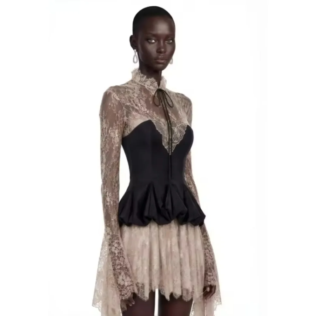Women Contrast Lace Mini Dress High Neck Tie Long Flare Sleeve Sheer Mesh Corset Dress Irregular Hem Ruffle Party Evening Dress