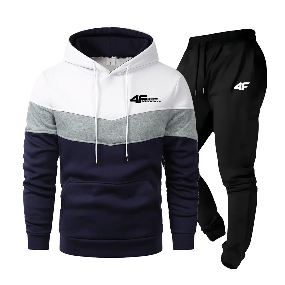 

Мужская повседневная спортивная толстовка с капюшоном и рукавами реглан, комплект из двух предметов, двухцветная толстовка с принтом 4F, повседневная универсальная модная толстовка