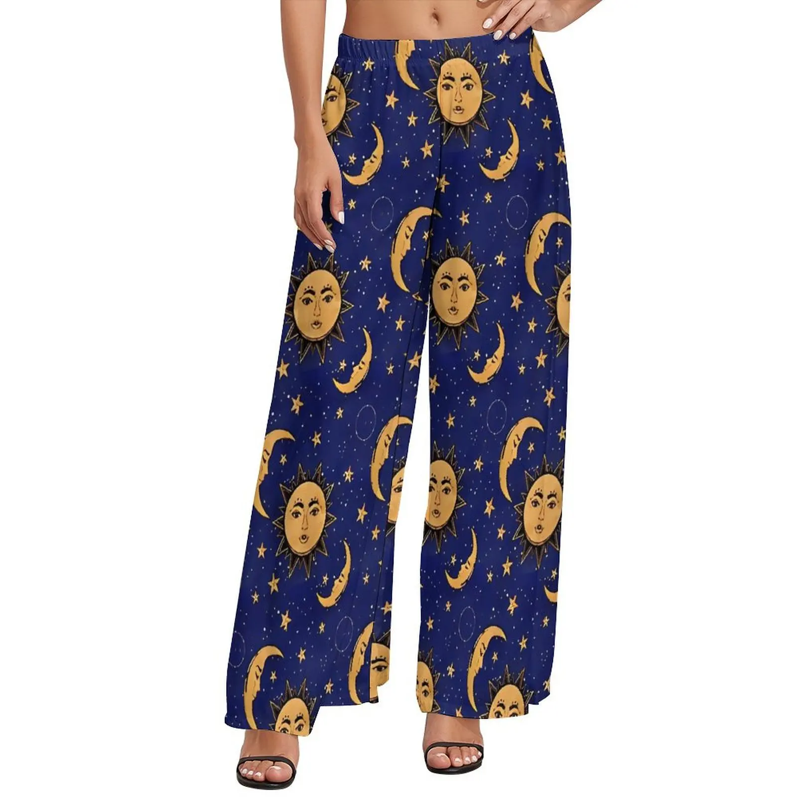 

Vintage Moon And Sun Stars Pants Beach Straight Wide Leg Pants Elastic High Waist Home Trousers Big Size 5XL 6XL
