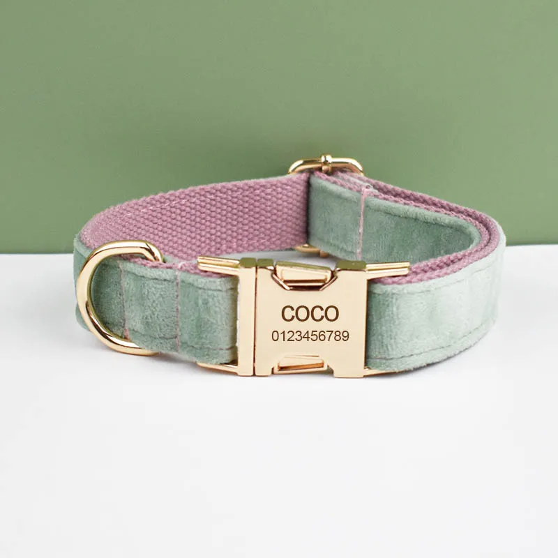 Mint Green With Red Base Velvet Dog Collar And Leash Set For Dogs Custom Engraved Nameplate Pet Supplies Dog Leash Velvet 17-2