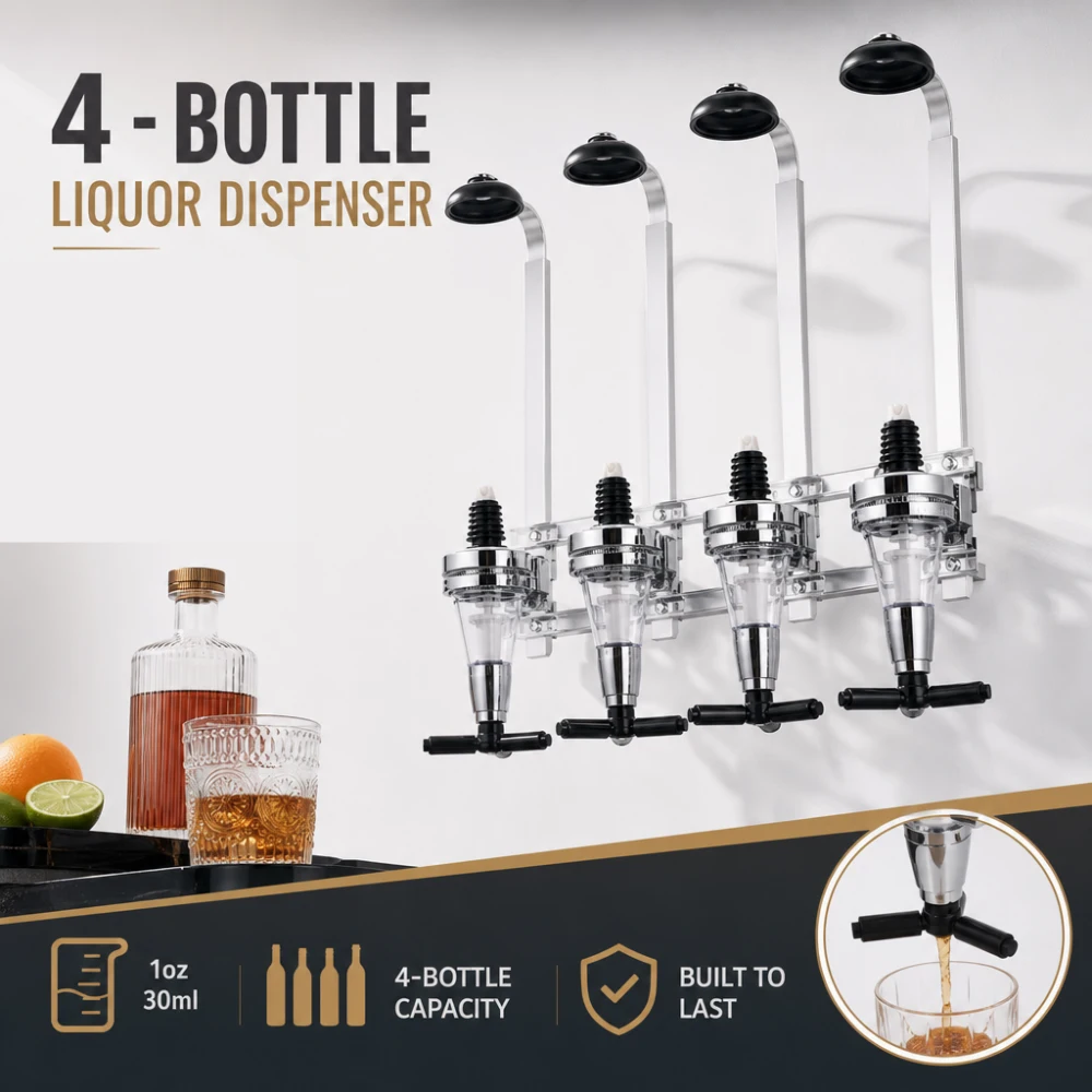 4 Bottle Wall Mounted Liquor Dispenser 30ml Aluminum Alloy ABS 35.5cm 33cm Wine Pourer Bar Home Cocktail Whisky Beverage Rack