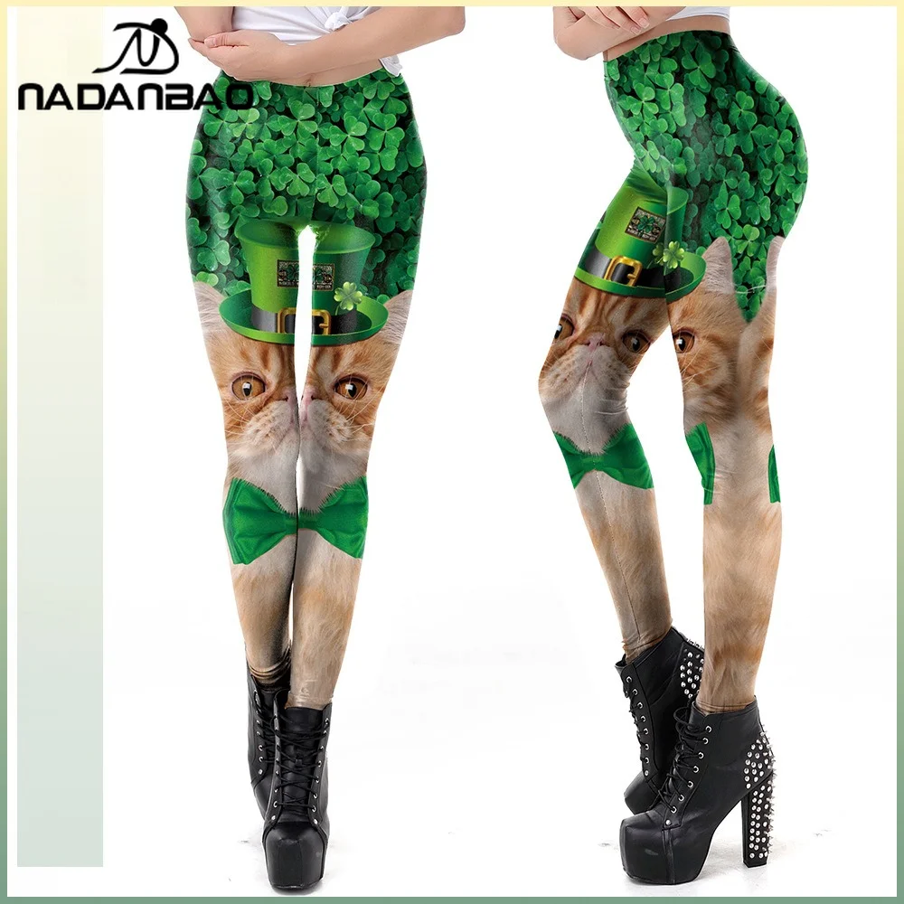 

Nadanbao St. Patrick's Day Clover Pattern Women's Leggings Funny 3D Green Hat Cat Print Pants Summer Soft Breathable Trousers
