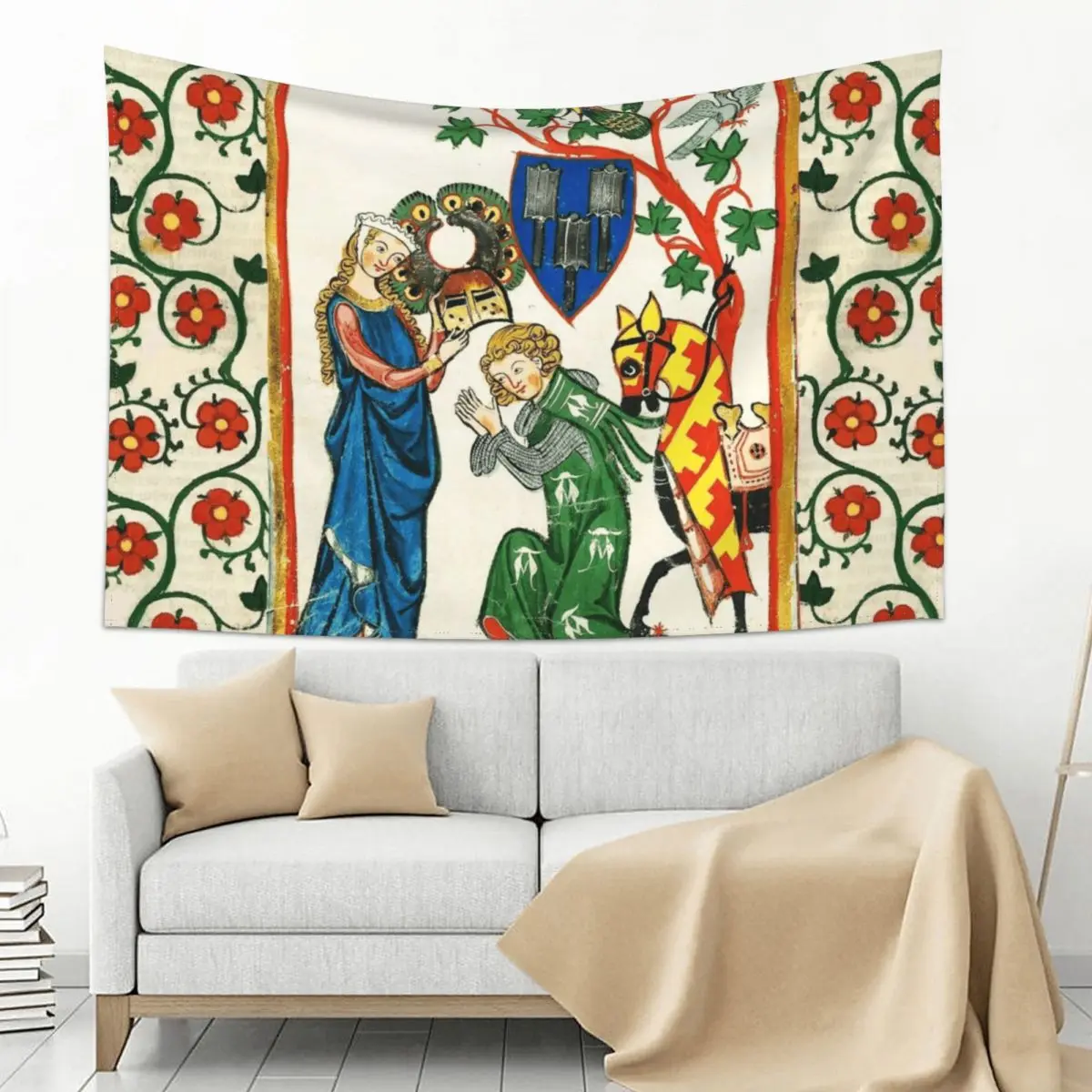 

KNIGHT BEING ARMED BY HIS LADY ,MEDIEVAL MINIATURE WITH WILD ROSES Tapestry Home Decorating Funny Room Decor Tapestry