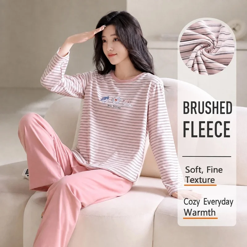 Women's Dusty Pink Brushed Fleece Pajama Set, Striped Long-Sleeve Top and Long Pants, Soft Loungewear