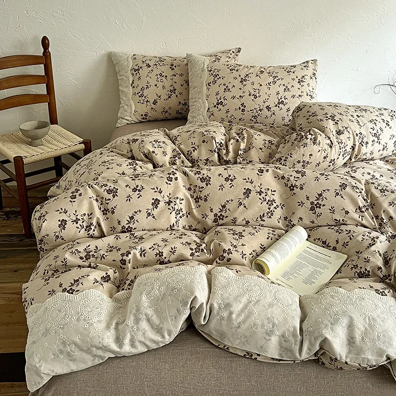 4pcs Vintage Lace Style Bedding Set Nordic Floral Duvet Cover Set Flat Sheet Twin Double Size Bed Sheet Set For Bedroom Decor