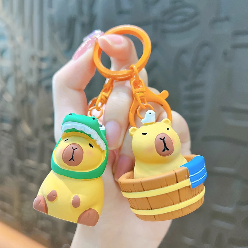 Cartoon Capibala Green Crocodile Headgear Capybara Doll Pendant Key Chain Cute Wooden Vat Bath Water Guinea Pig Animal Keyring