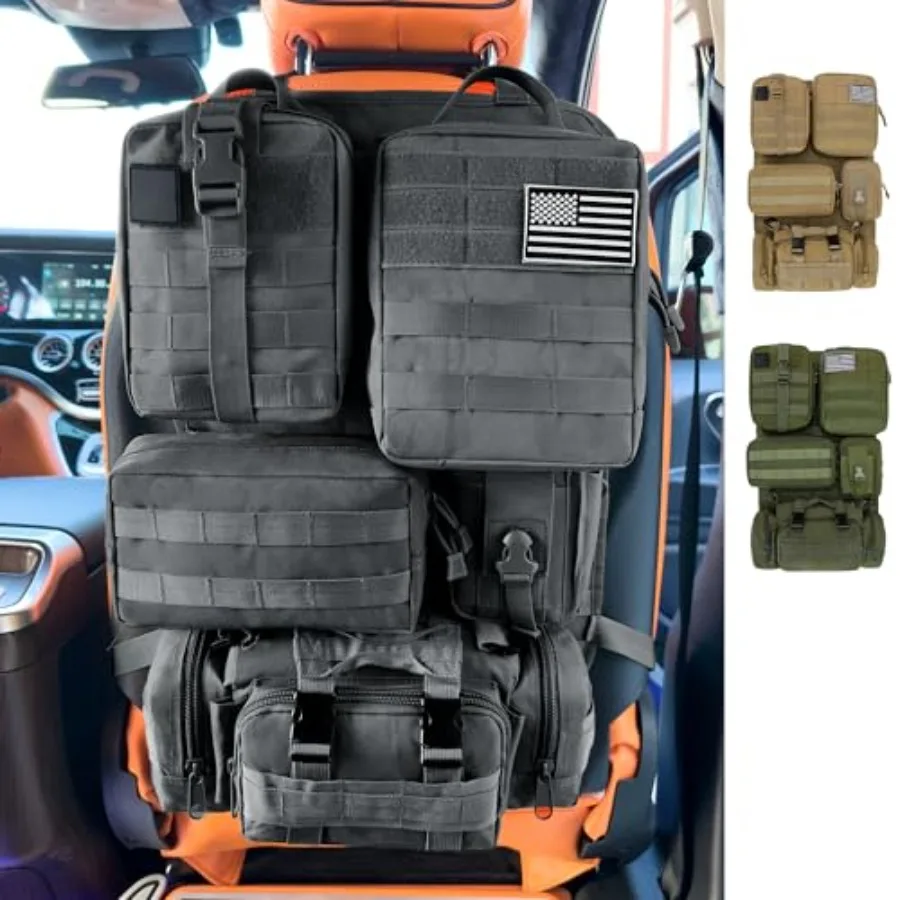 

6 Pack Tactical MOLLE Car Seat Back Organizer - Universal Vehicle Storage Bag with 5 Detachable MOLLE Pouches US Flag Patch and