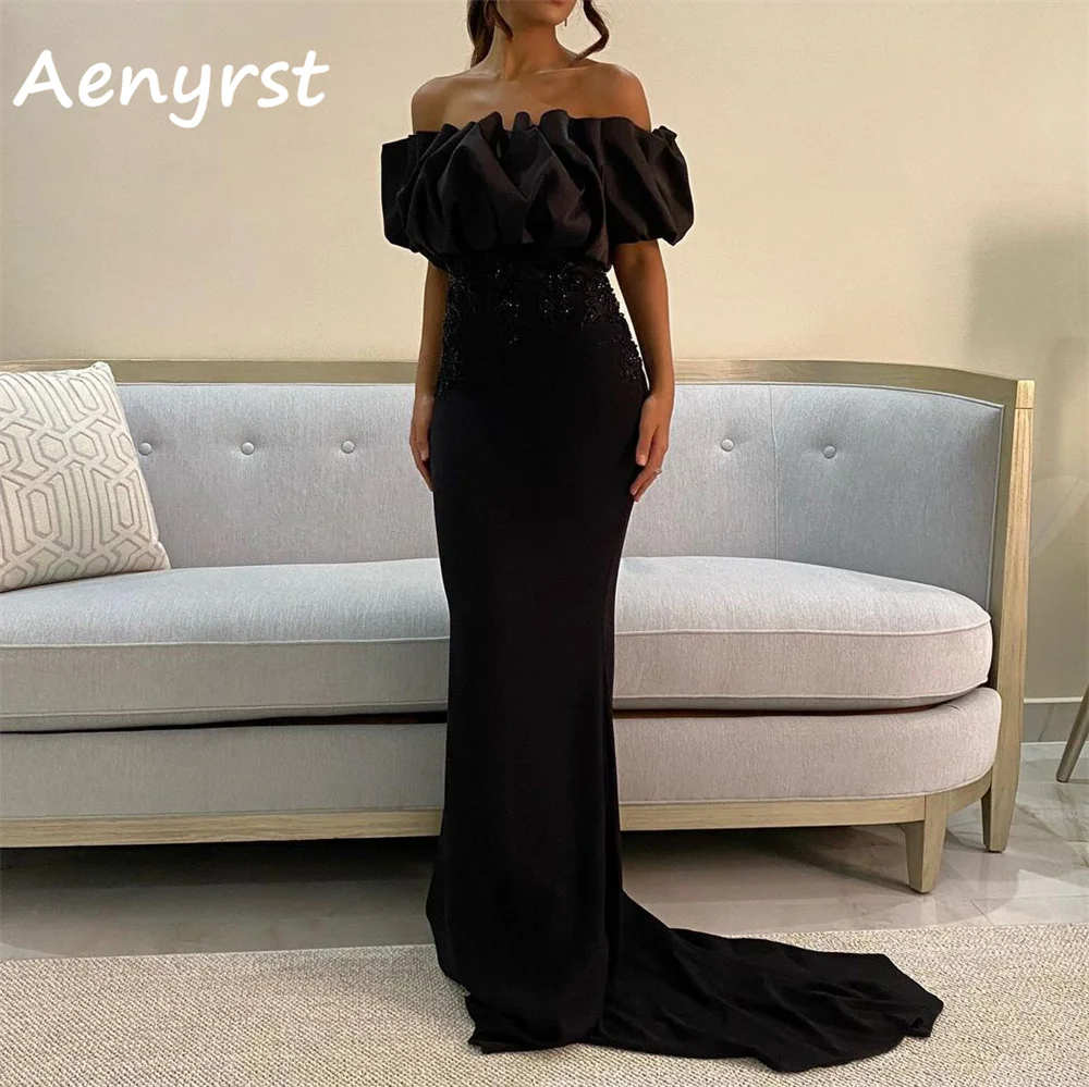 Aenyrst Black Strapless Ruffles Evening Dresses Satin Mermaid Sequined Prom Gowns Sweep Train Party Dress For Women Customized