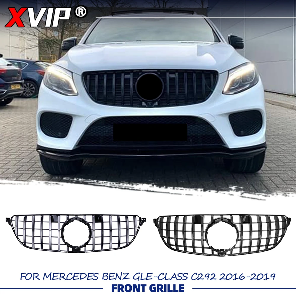 

Глянцевая черная решетка бампера в стиле GTR с серебристыми гоночными вставками XVIP для Mercedes-Benz GLE-Class 2016-2019 GLE300 GLE350 GLE400 GLE450