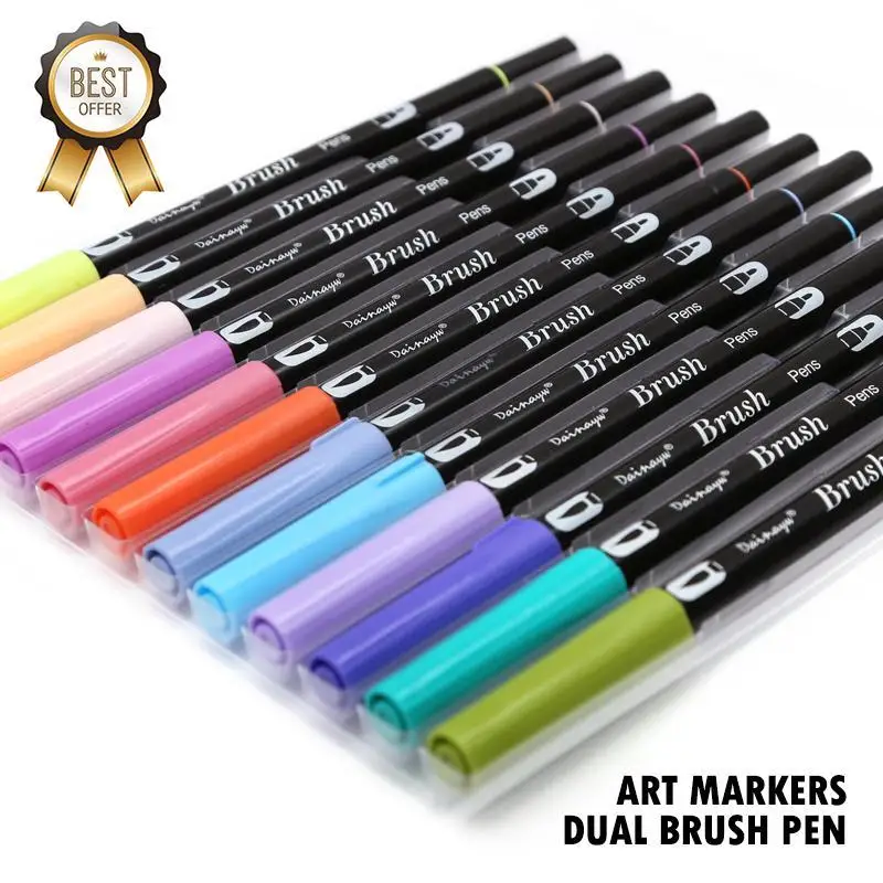 Dual Brush Pen Art Markers Primary 12-Pack ABT Brush and Fine Tip Markers for Journaling Card Making